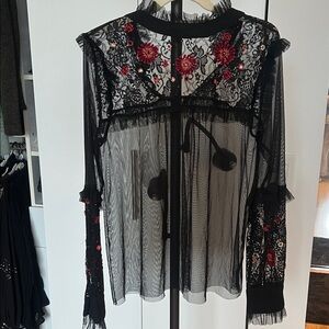 Zara Black Sheer Blouse with Red Floral Details